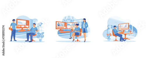 video editor works in front of a computer with two screens. Video Editor. Editor and co workers work together at a digital multimedia company. set flat vector illustration