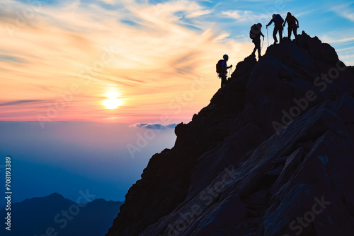 Silhouette of climbers who climbed to the top of the mountain th