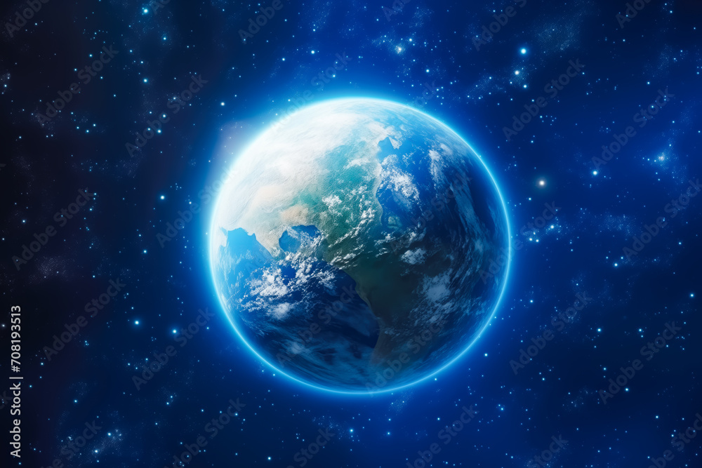 View of blue planet earth in space 3d rendering. Earth planet in deep space. Outer dark space wallpaper. Night on planet with cities lights. Surface of Earth.