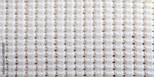 Close view of a simple knit pattern with cotton yarn. Vintage Beige Knitted Fabric Texture. Crochet Warm Woolen Yarn Background. Close-up. Selective focus.