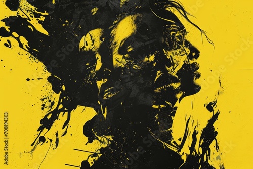silhouettes in black and yellow, in the style of distorted and grotesque.
