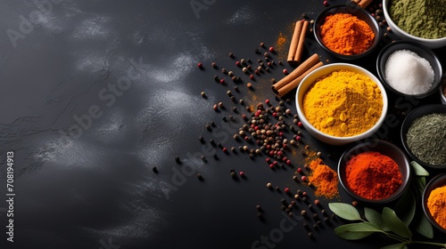 Turmeric powder in spoon on black stone surfacecopy space banner for food and spice concepts.