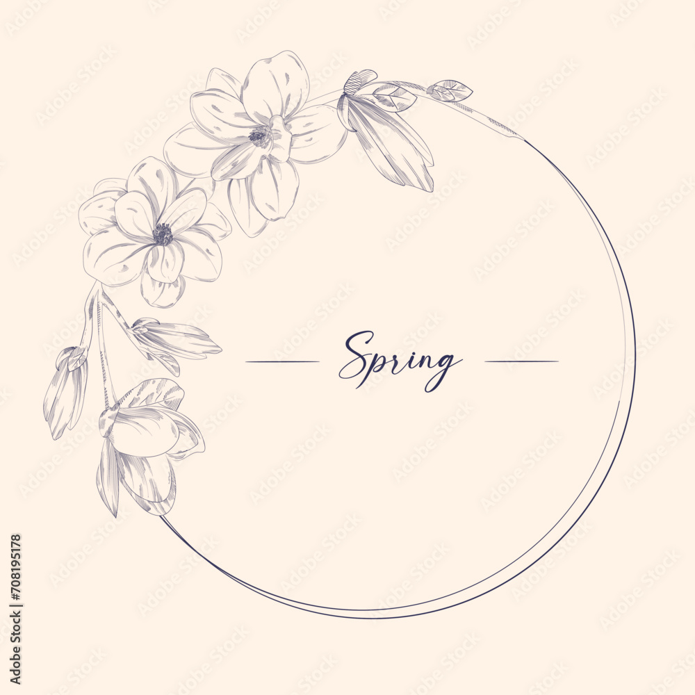 Magnolia Contour Drawing Branch. Circle or Round Frame for Wedding Design. Isolated Vector Elegant Illustration