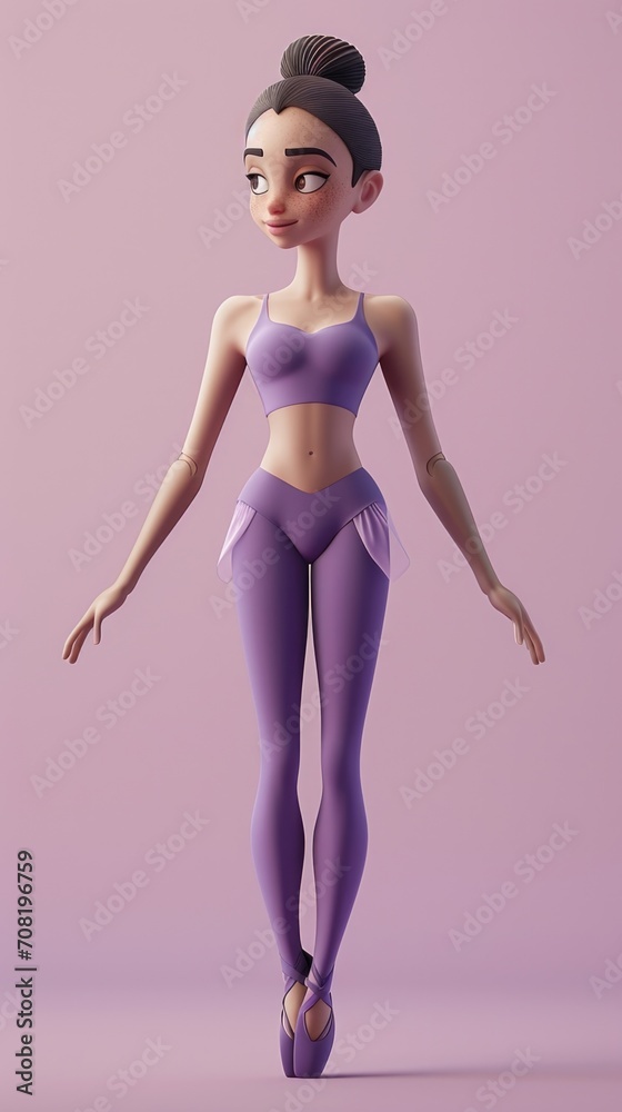 Cartoon digital avatars of Ballet Dancer in Studio Dressed in a purple leotard, tights, and pointe shoes, with a bun in her hair. Cartoon digital avatars of Ballet Dancer in Studio Dressed in a purple leotard, tights, and pointe shoes, with a bun in her hair.