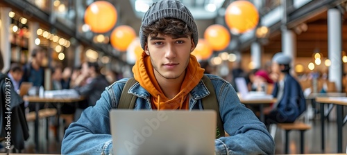 Scandinavian man working on laptop at co working space, freelancer or student, looking into camera photo