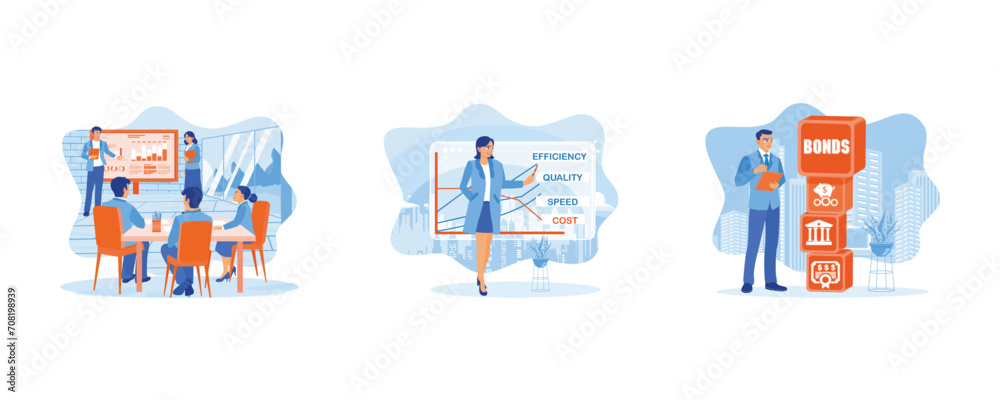 Analyze growth data. Businesswoman giving a presentation in a modern office.  Finance control scenes concept. set flat vector illustration.