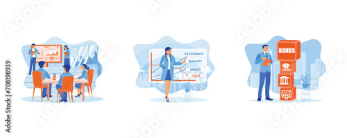 Analyze growth data. Businesswoman giving a presentation in a modern office. Finance control scenes concept. set flat vector illustration.
