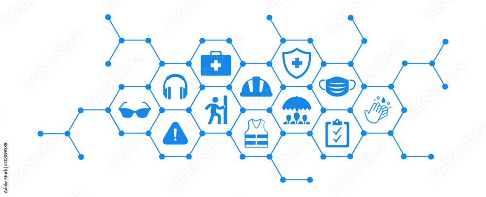 Occupational health and safety vector illustration. Blue concept with icons related to hazard prevention, accident protection in the workplace, safety equipment , gear, caution in dangerous situations - obrazy, fototapety, plakaty 