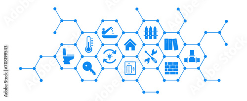 Facility management vector illustration. Concept with icons related to commercial office or residential property caretaker service, building management maintenance, handyman repairman.