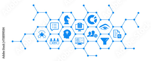 Assessment vector illustration. Blue concept with icons related to hr evaluation process, performance review feedback, client or employee questionnaire, quality management, knowledge testing. photo