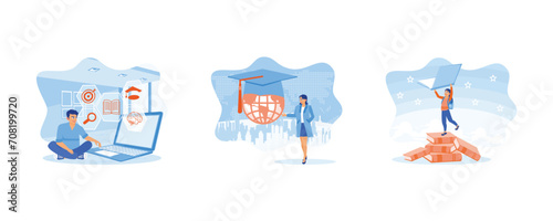 Man using a laptop to take online lessons from home. Education in a Global World. Cheerful girl standing on a pile of books. set flat vector illustration.