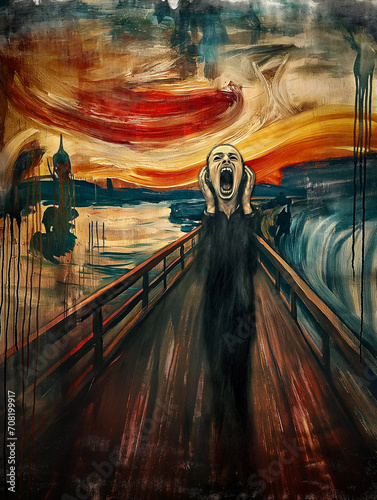 AI-Generated Modern Twist on Munch's Scream: Man Screaming on a Bridge