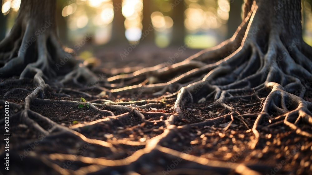 Closeup of a network of roots intertwined in the ground, showcasing the intricate and essential role trees play in maintaining healthy ecosystems.
