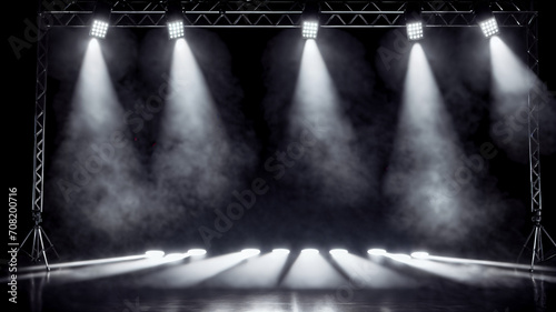 Illuminated stage with scenic lights and smoke. spotlight with smoke volume light effect on black background. Stadium cloudiness projector,