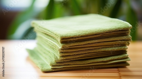 Closeup of a bundle of bamboo cleaning cloths, known for their durability and ecofriendliness. photo