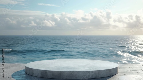Podium in the landscape of sea wave and ocean background. Studio podium for product advertising. Stage stand. Blank podium. Display platform © megavectors