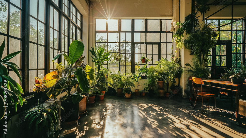 AI-Generated Image of a Sunlit Eco-Friendly Office Space with Plants