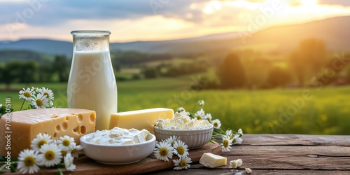 Fresh milk and several types of cheese and cottage cheese on a wooden table on a farm against a field. Sunny morning dairy farm products photo
