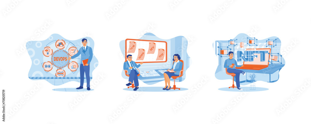 A young businessman is standing while holding a notebook. Business people and assistants sit in front of the virtual screen. Man typing on a laptop using a cell phone. set flat vector illustration.