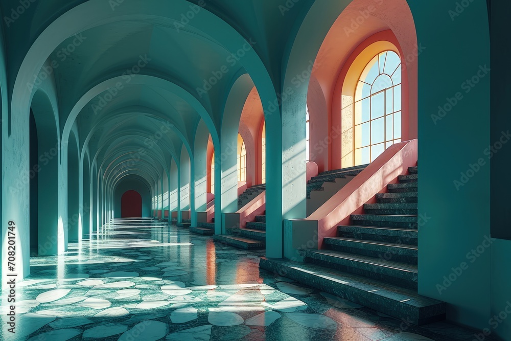 Fototapeta premium This image showcases a very long hallway flooded with natural light from numerous windows, creating a mesmerizing and never-ending perspective