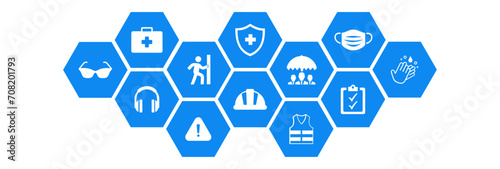 Occupational health and safety vector illustration. Blue concept with icons related to hazard prevention, accident protection in the workplace, safety equipment , gear, caution in dangerous situations