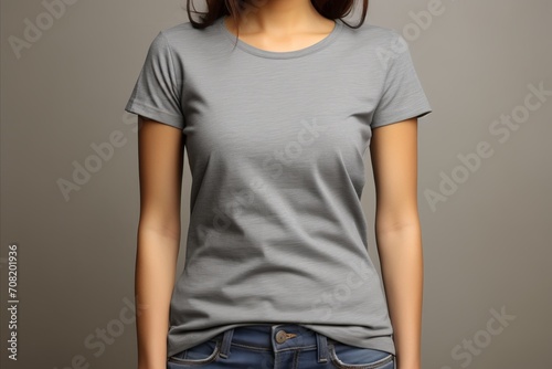 Fashionable Woman in Grey T-Shirt, Standing Against Plain Background, Showcasing Prominent Product