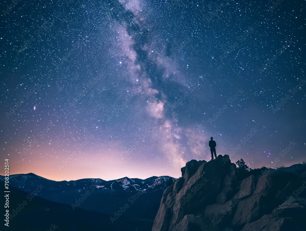 Man standing on top of the mountain and watching the milky way - obrazy, fototapety, plakaty 