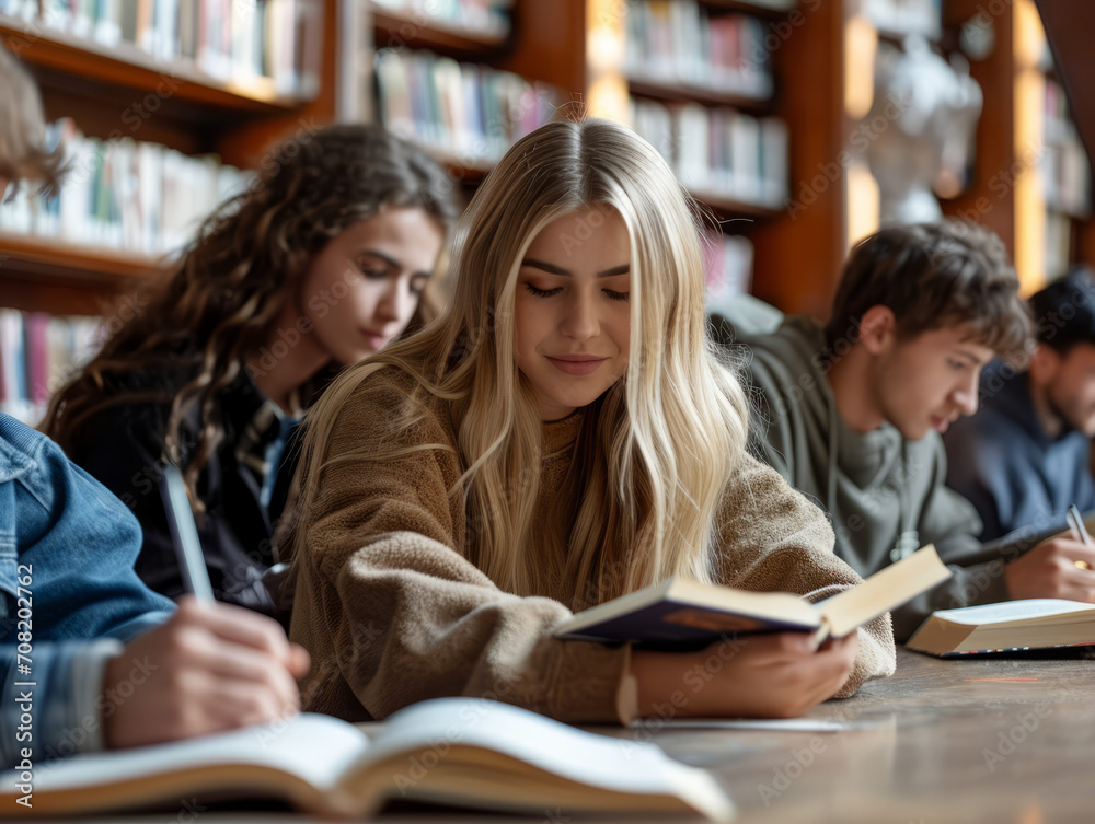 Group of students studying in the library. Selective focus on the girl