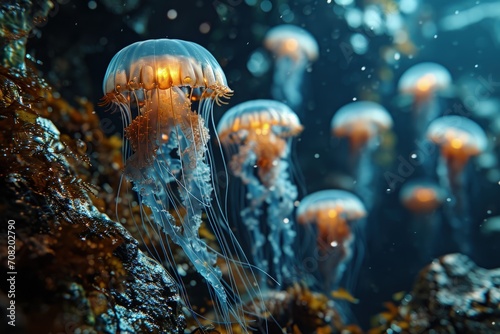 Many Luminous Jellyfish Gliding over a Coral Reef