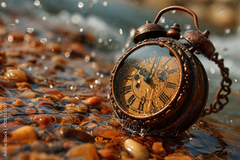 An antique pocket watch rests peacefully in the calm water, surrounded by gentle ripples and reflections of the sky above