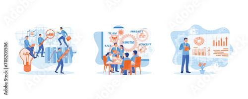 Business team working in modern office. A diverse business team creates and discusses marketing plans during meetings. Marketing concept. set flat vector illustration.