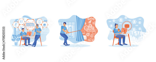 Computer programmer and manager. Man pulling rope and making business marketing concepts on the wall. Direct sales schemes in business. set flat vector illustration.