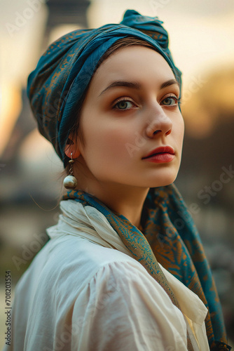 AI-Generated Modern Parisian Version of Girl with a Pearl Earring photo