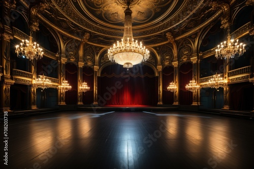 Opulent theater hall with lit chandeliers and stage. photo