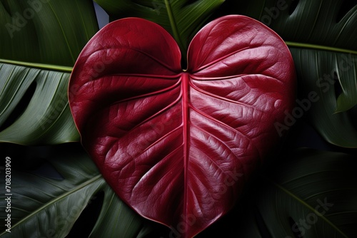 red heart monstera leaf ,  closeup  photo