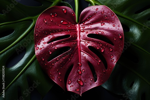 red heart monstera leaf with water drops,   closeup  photo