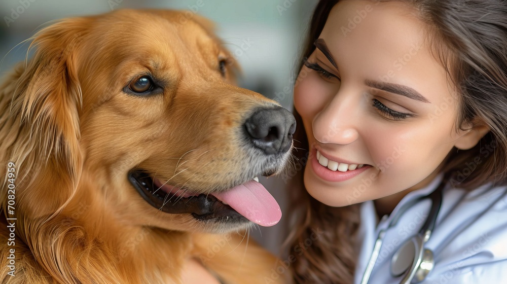 female veterinary nurse examining a happy dog in a veterinary clinic for health checkup
