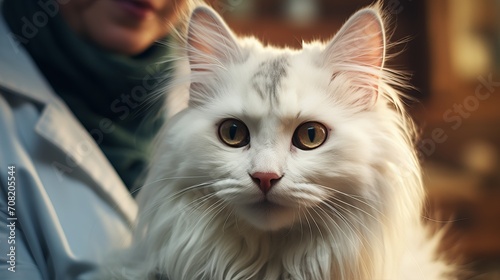 Female veterinarian examining cute fluffy cat for health checkup in veterinary clinic