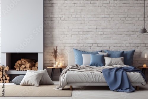 Modern Loft Bedroom with Blue Bedding  Brick Wall  and Fireplace - Cozy Interior Design