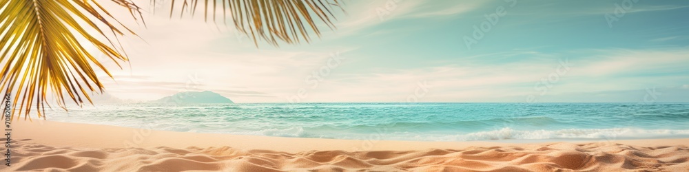 Coco palm tree on tropical paradise sandy beach with blue sky and clear sea. Seascape, blue ocean in sunny day. Summer vacation and travel concept. Nature background for card, banner, flyer