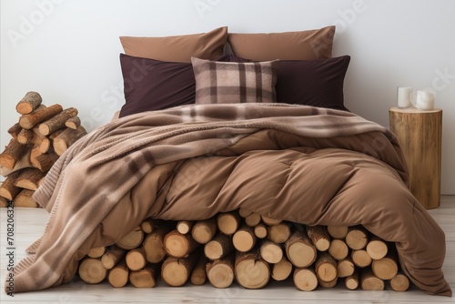 Modern Bedroom with Brown Bedspread and Pillows on Wooden Sawn Tree Base, Loft Interior Design