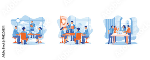 Business people in office workplace. CEO and business team holding presentation in the meeting room. Diverse coworkers discuss and plan work projects in the office. set flat vector illustration.