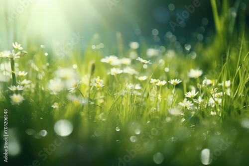Bright spring grass field with sunny bokeh background. Beautiful meadow with fresh grass in nature. Close up of thick grass with water drops in the early summer morning