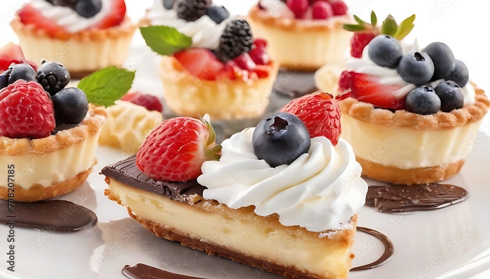 Mignon pastry: assortment of small desserts with berries, chocolate, cream and whipped cream isolated on white background, close up Mignon pastry: assortment of small desserts with berries, chocolate, cream and whipped cream isolated on white background, close up