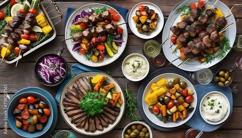 Middle eastern, arabic or mediterranean dinner table with grilled lamb kebab, chicken skewers with roasted vegetables and appetizers variety serving on wooden outdoor table. Overhead view.