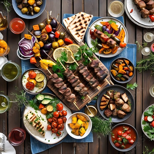 Middle eastern, arabic or mediterranean dinner table with grilled lamb kebab, chicken skewers with roasted vegetables and appetizers variety serving on wooden outdoor table. Overhead view.