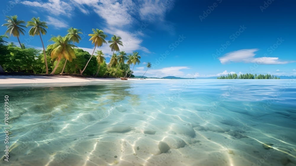 Beach with palm trees and crystal clear water. Idyllic tropical island in summer.
