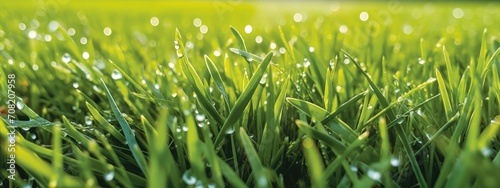 Bright spring grass field with sunny bokeh background. Beautiful meadow with fresh grass in nature. Close up of thick grass with water drops in the early summer morning