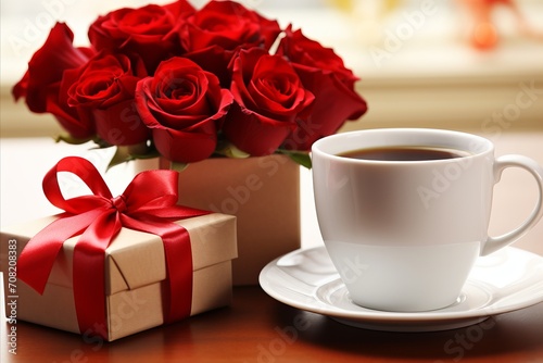 Valentines Day Gift. Bright Red Roses Tied with Ribbon and Coffee Cup on Light Background