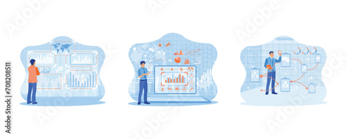  Business intelligence technology. big data concept. Businessman using digital tablet in modern office. set flat vector modern illustration 
